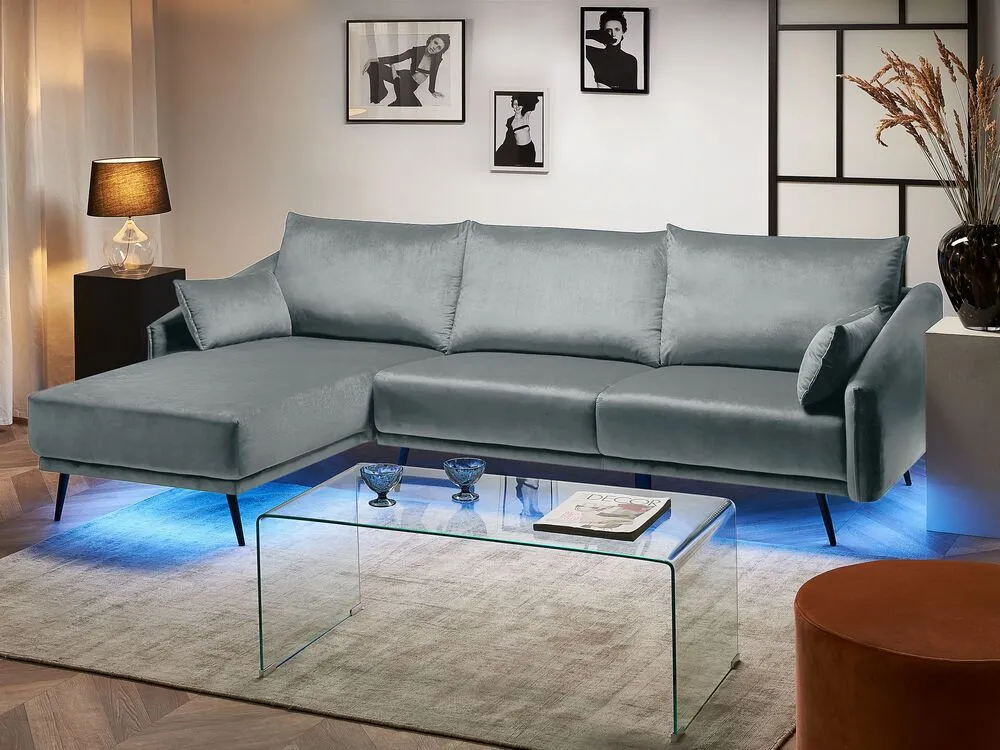 Right Hand Velours Corner Sofa LED Grey VARDE