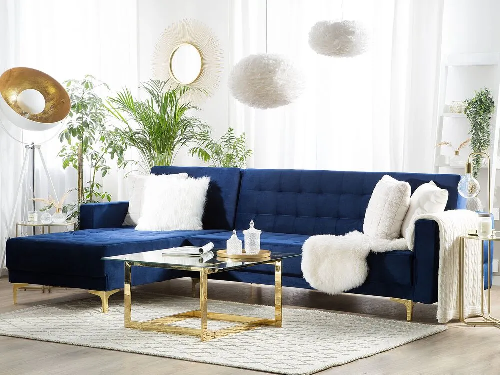 Right Hand Velvet Corner Sofa Marine Blue ABERDEEN