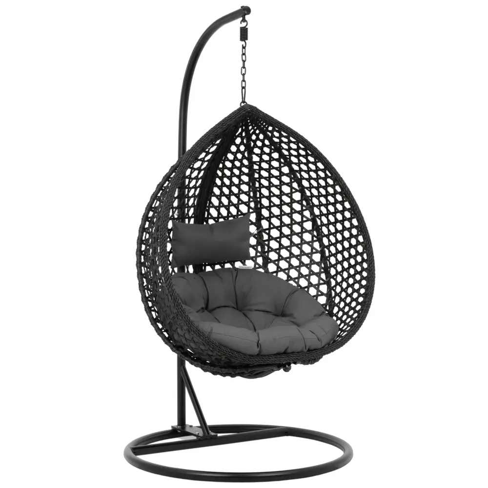 Fauteuil suspendu sur pied siège pliable en forme d'œuf polyester fer peint par poudrage tissu rotin en polyester noir gri...