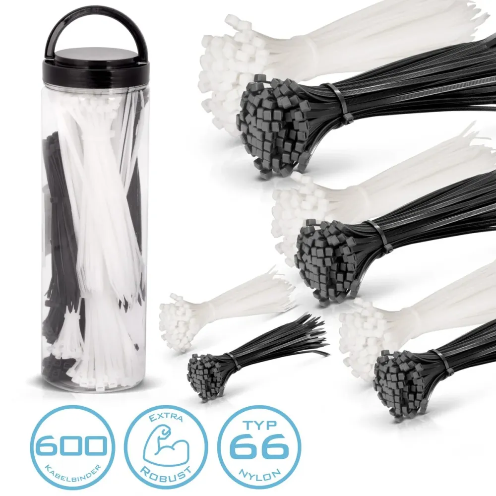 Tie à câble en acier 600 Set 2,5 x 150 mm | 3,6 x 150 mm | 3,6 x 200 mm | 4,8 x 300 mm en noir et blanc, sangles de câbles...
