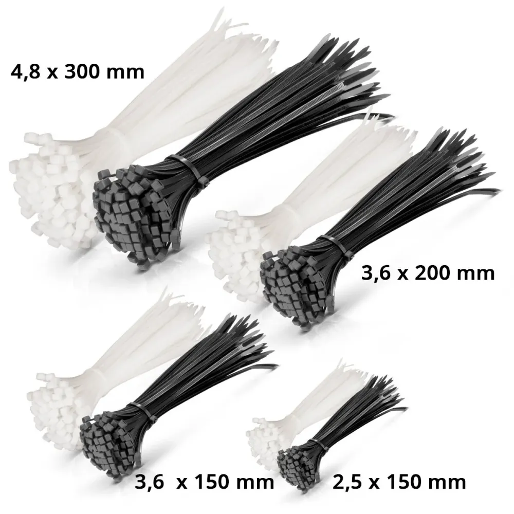 Tie à câble en acier 600 Set 2,5 x 150 mm | 3,6 x 150 mm | 3,6 x 200 mm | 4,8 x 300 mm en noir et blanc, sangles de câbles...