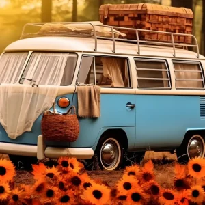 Toile de Fond de Tournesols avec Bus Voiture Bleu Blanc d'Automne RR7-163