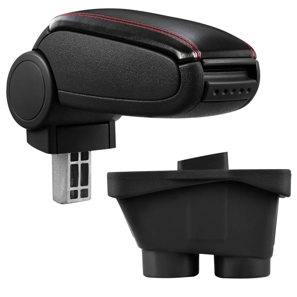 Accoudoir central pour Peugeot 208 avec compartiment rembourré cuir-synthétique noir avec des coutures rouges 03_0000614