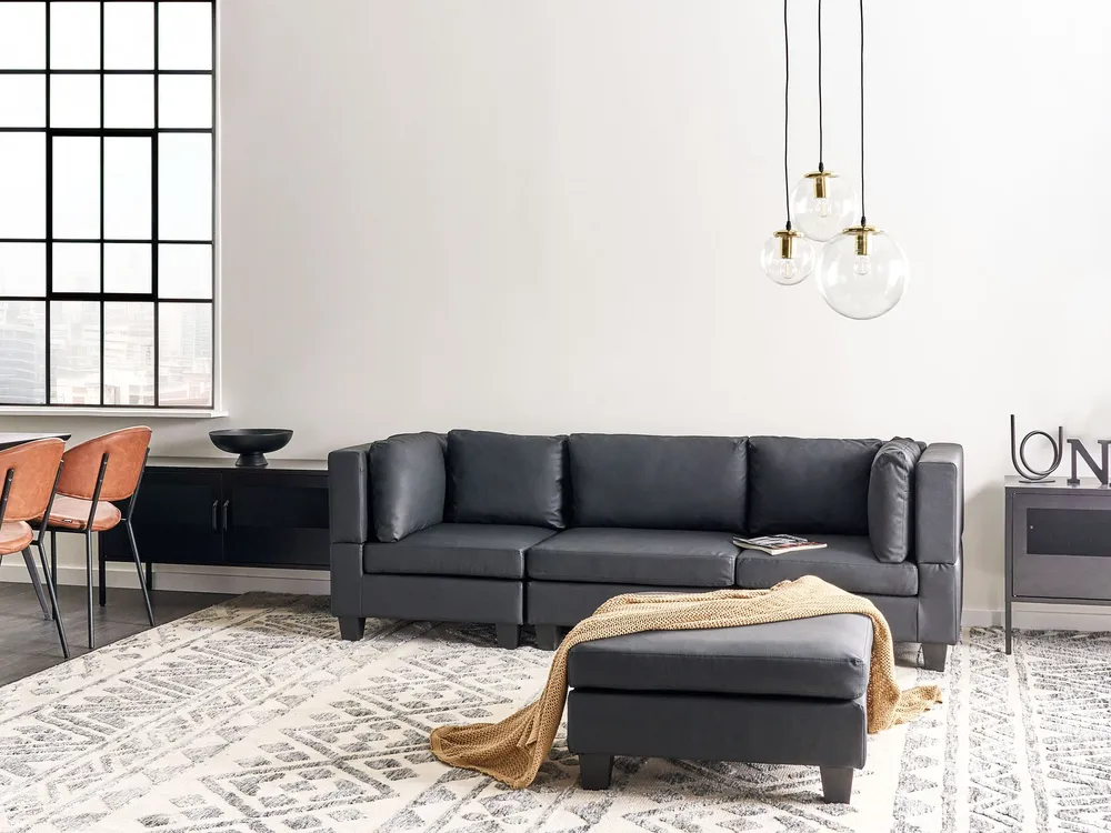 3-Seater Assemblable Faux Leather Sofa Ottoman Black UNSTAD