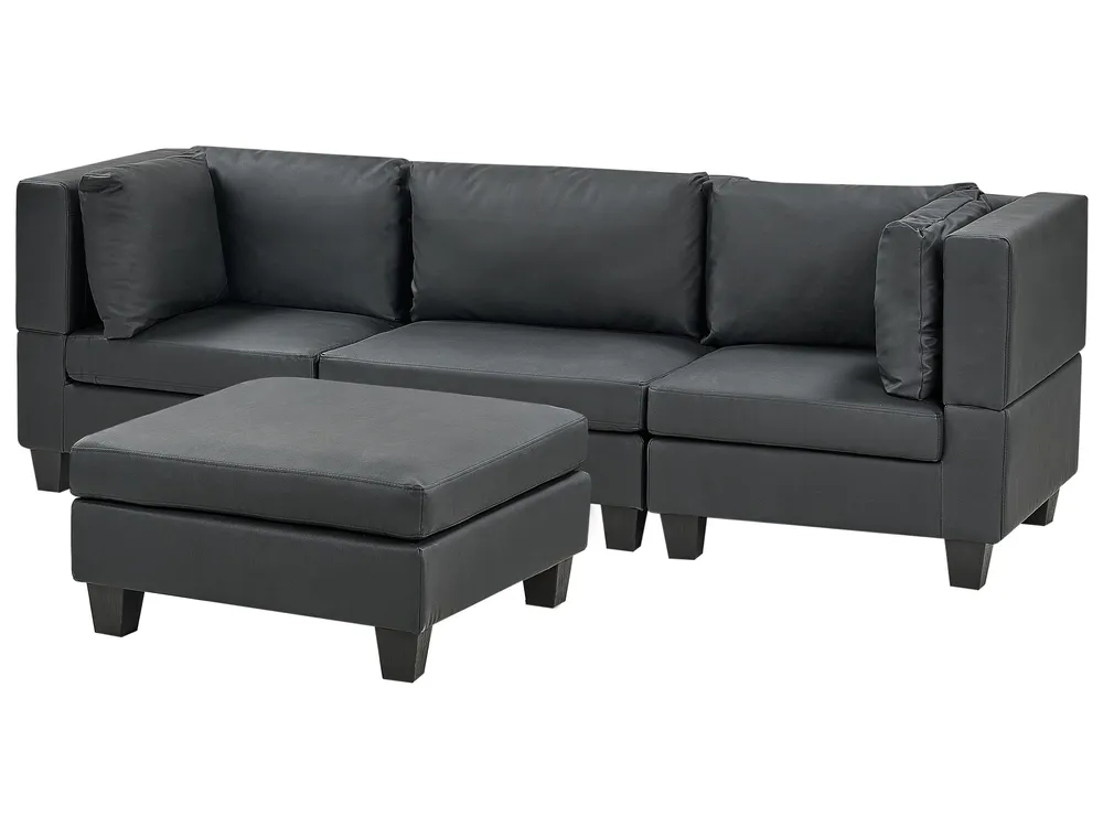 3-Seater Assemblable Faux Leather Sofa Ottoman Black UNSTAD