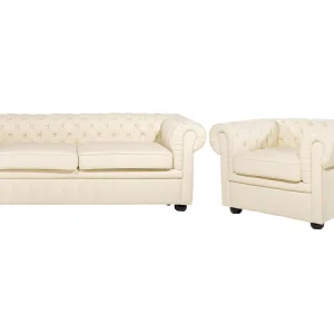 En cuir Living Room Set Cream CHESTERFIELD