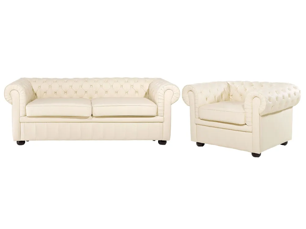 En cuir Living Room Set Cream CHESTERFIELD