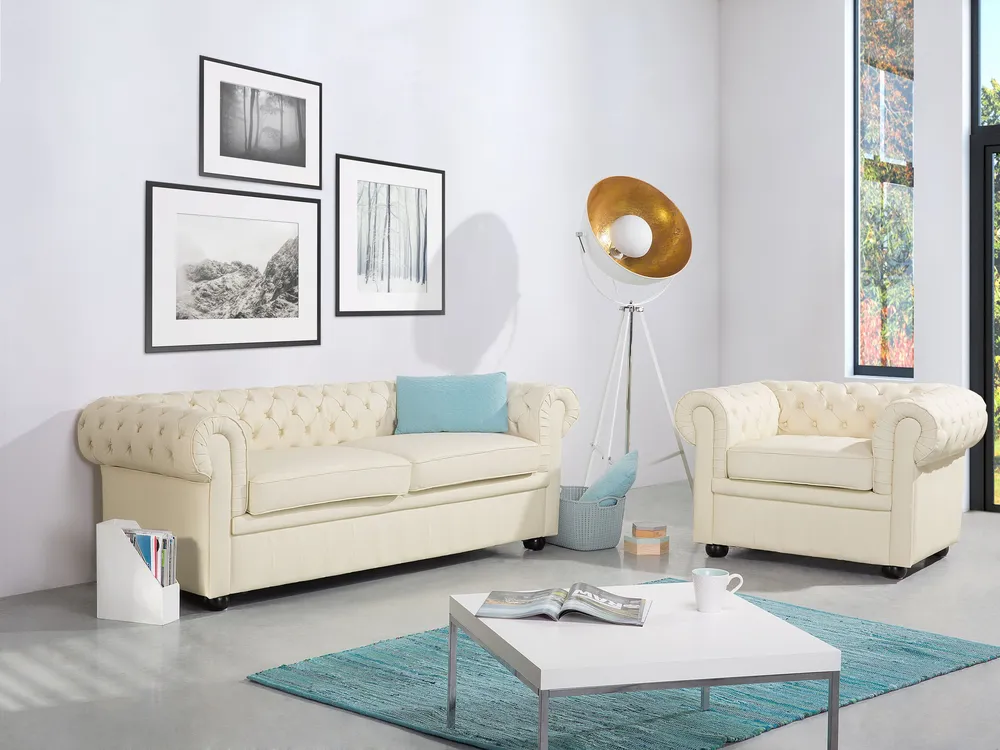 En cuir Living Room Set Cream CHESTERFIELD