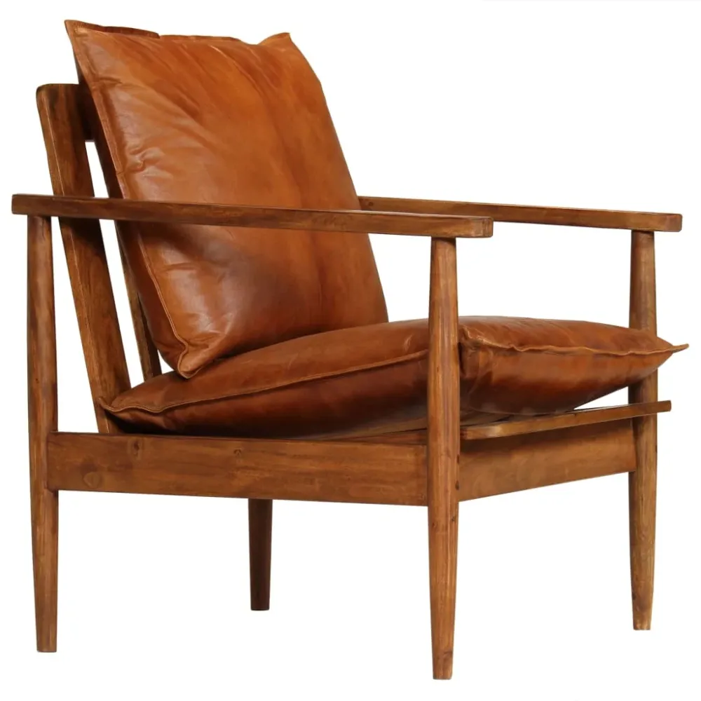 Fauteuil chaise siège lounge design club sofa salon cuir véritable avec bois d'acacia marron 1102146/3 - Compatible Univer...
