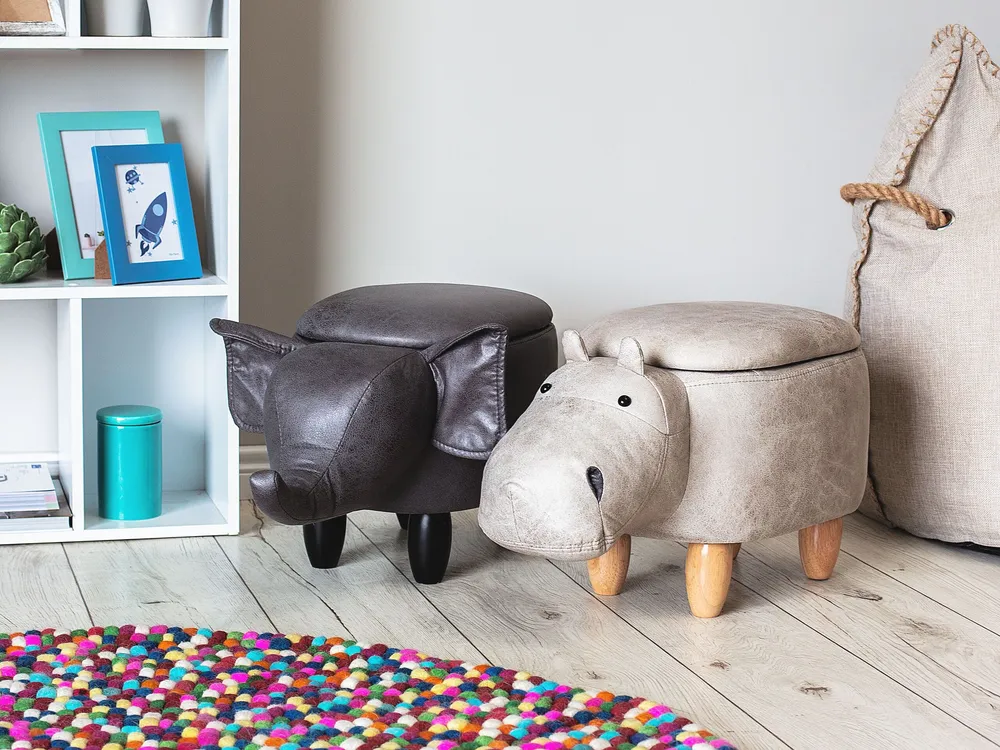 Faux Simili-cuir Storage Animal Stool Light Grey HIPPO en noir mat