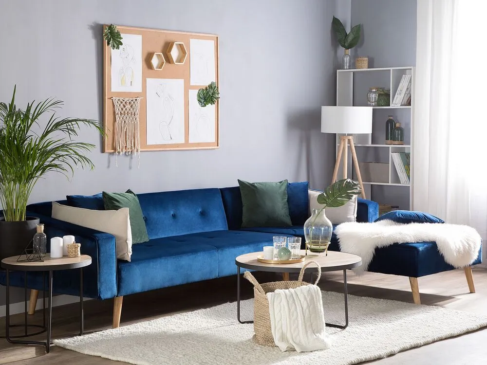 Left Hand Velours Corner Sofa Bed Blue VADSO