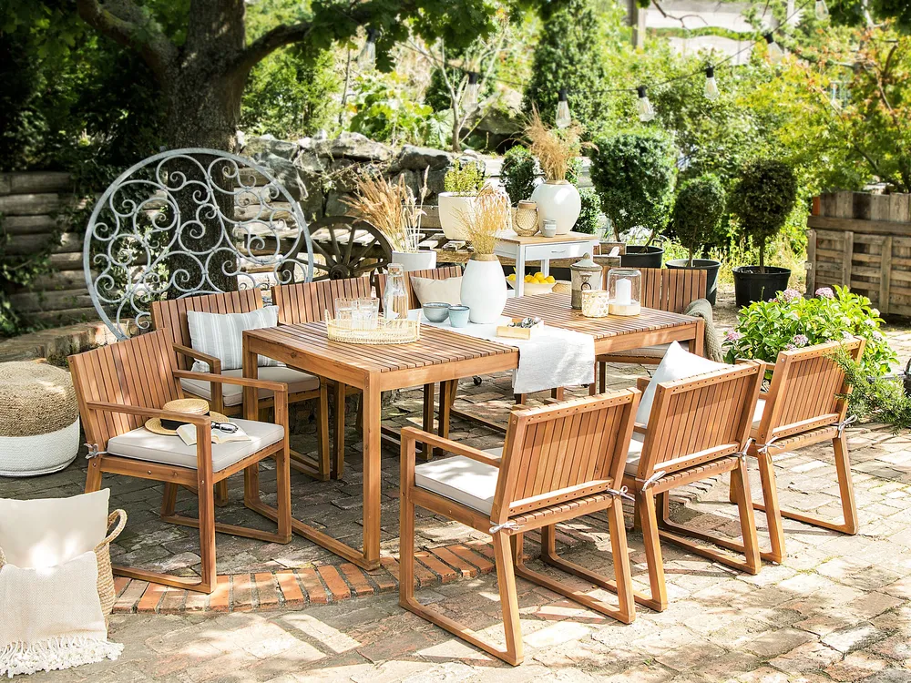 Racing 8 Seater Acacia Wood Garden Dining Set Taupe Cushions SASSARI