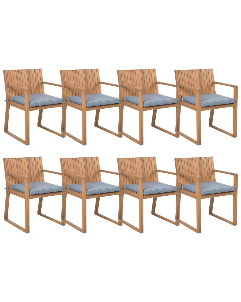 Racing Set 8 Acacia Wood Garden Dining Chairs Blue Cushions SASSARI