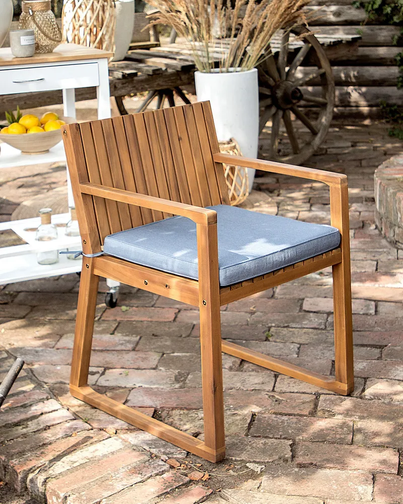 Racing Set 8 Acacia Wood Garden Dining Chairs Blue Cushions SASSARI