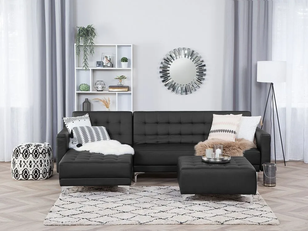 Right Hand Faux Cuir grainé Corner Sofa Black ABERDEEN