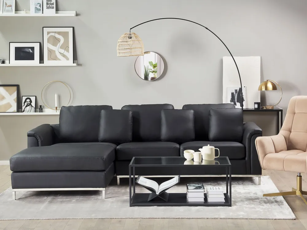 Right Hand Leather Corner Sofa Noir jais OSLO avec fixation universelle