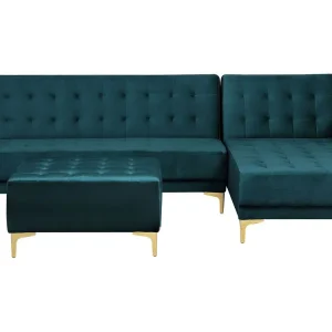 Sangle de fixation Hoekbank met ottomaan fluweel blauwgroen linkszijdig ABERDEEN
