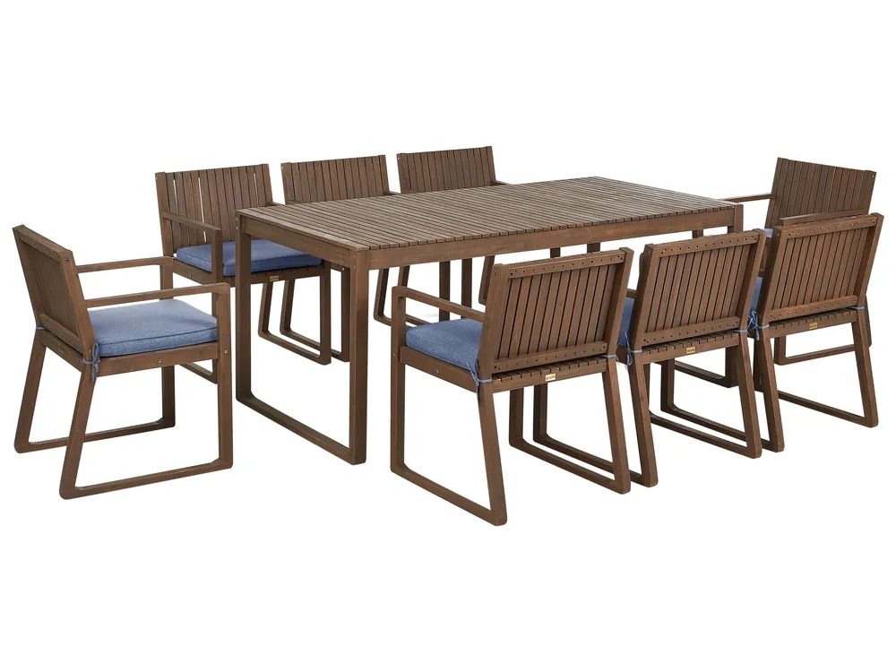 Sangle de fixation 8 Seater Dark Acacia Wood Garden Dining Set Blue Cushions SASSARI