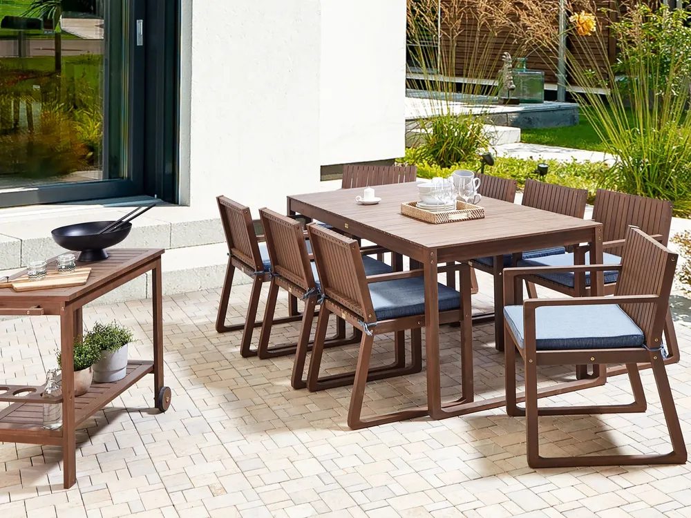 Sangle de fixation 8 Seater Dark Acacia Wood Garden Dining Set Blue Cushions SASSARI