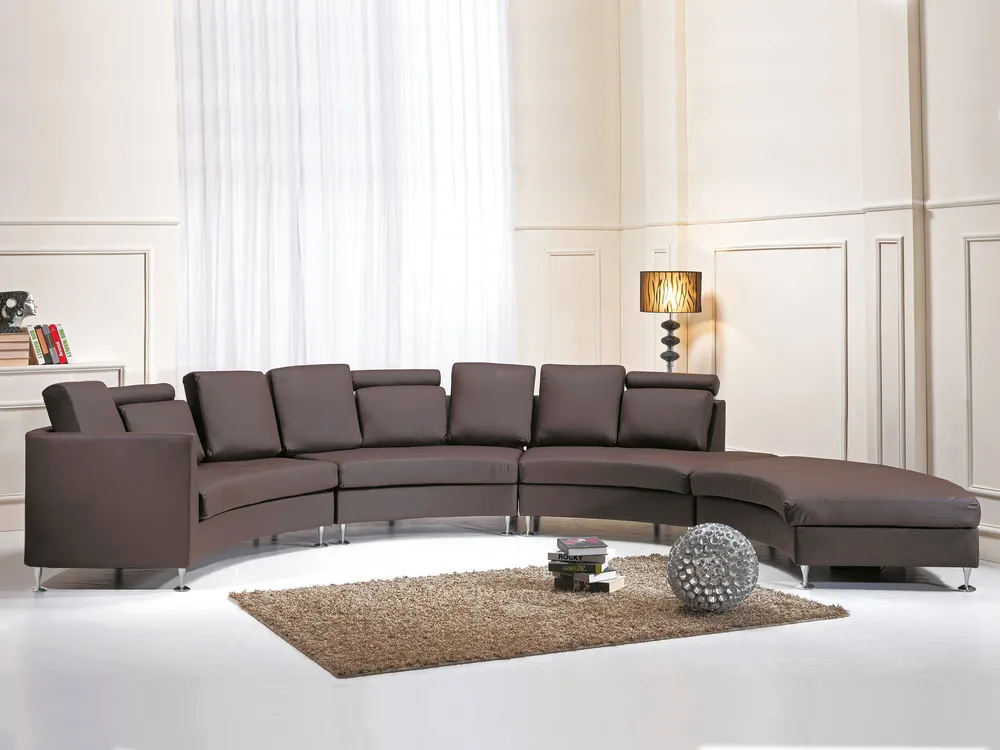 7 Seater Curved Leather Assemblable Sofa Brown ROTUNDE