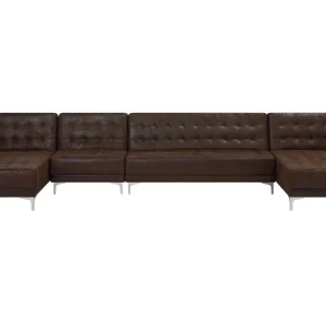 6 Seater U-Shaped Configurable Faux Leather Sofa Brown ABERDEEN