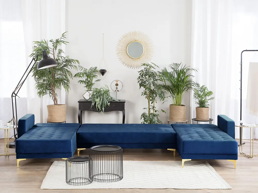 5 Seater U-Shaped Modular Velvet Sofa Marine Blue ABERDEEN