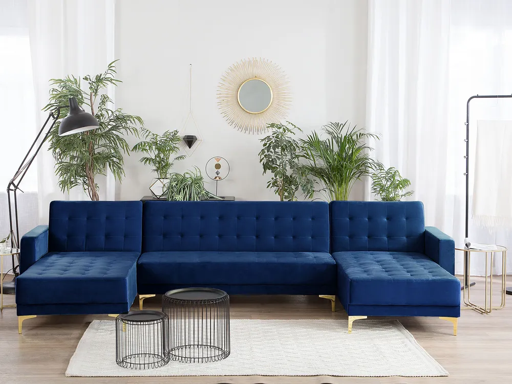5 Seater U-Shaped Modular Velvet Sofa Marine Blue ABERDEEN