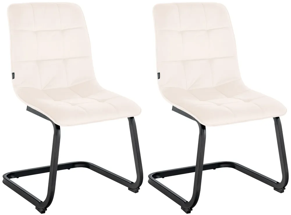 Set de 2 chaises de salle à manger coutures décoratives carrées en velours crème et pieds luge en métal noir 10_0001578