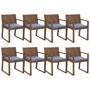 Set 8 Dark Acacia Wood Garden Dining Chairs Blue Cushions SASSARI avec Garantie