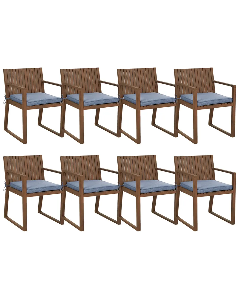 Set 8 Dark Acacia Wood Garden Dining Chairs Blue Cushions SASSARI avec Garantie