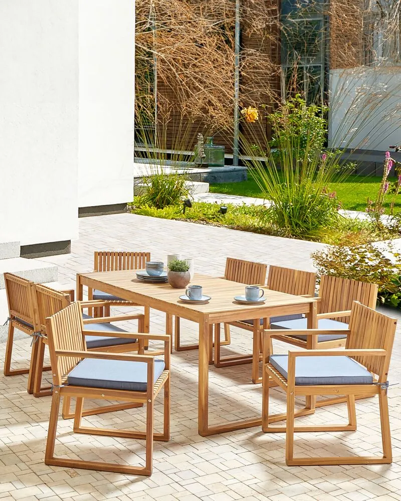 Set 8 Labellisé Acacia Wood Garden Dining Chairs Blue Cushions SASSARI II