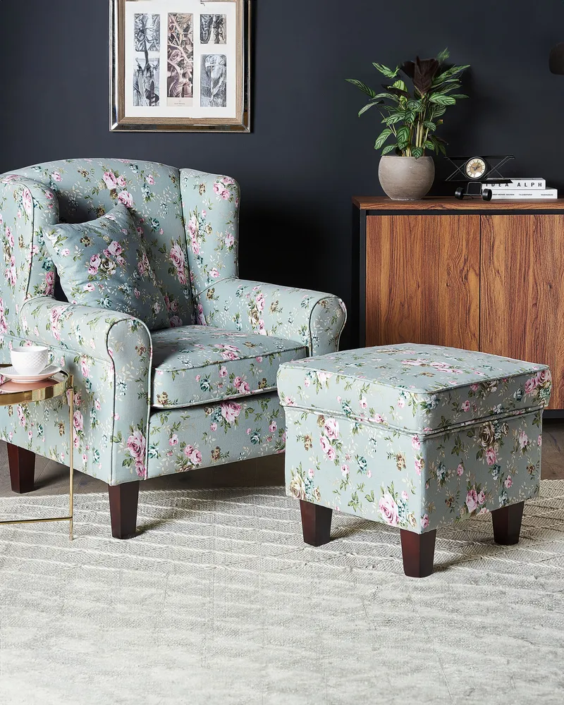 Wingback Chair HAMAR Footstool Fabric Vert jade