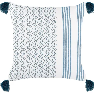 En coton pur Cushion Geometric Pattern Tassels 45 x 45 cm White and Blue TILIA