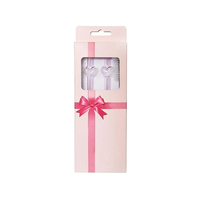 Reusable Glass Straws Heart Design Rose vif