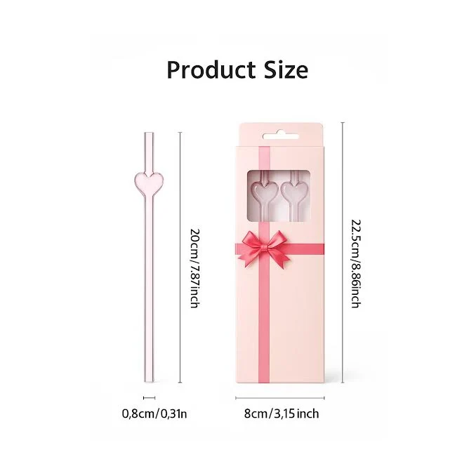 Reusable Glass Straws Heart Design Rose vif