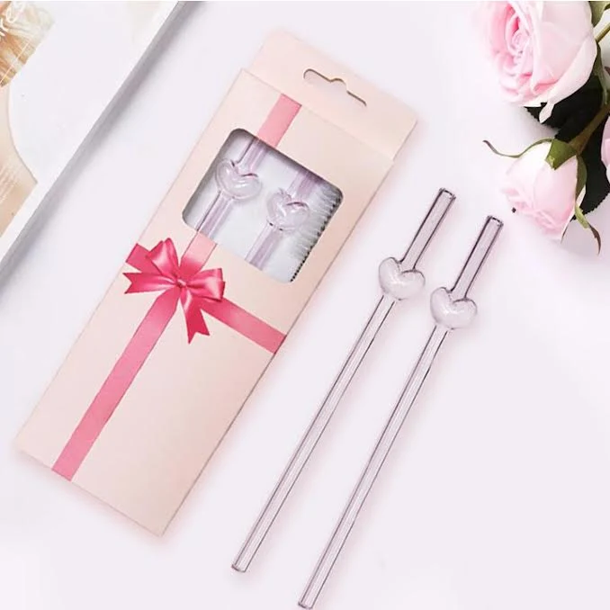 Reusable Glass Straws Heart Design Rose vif