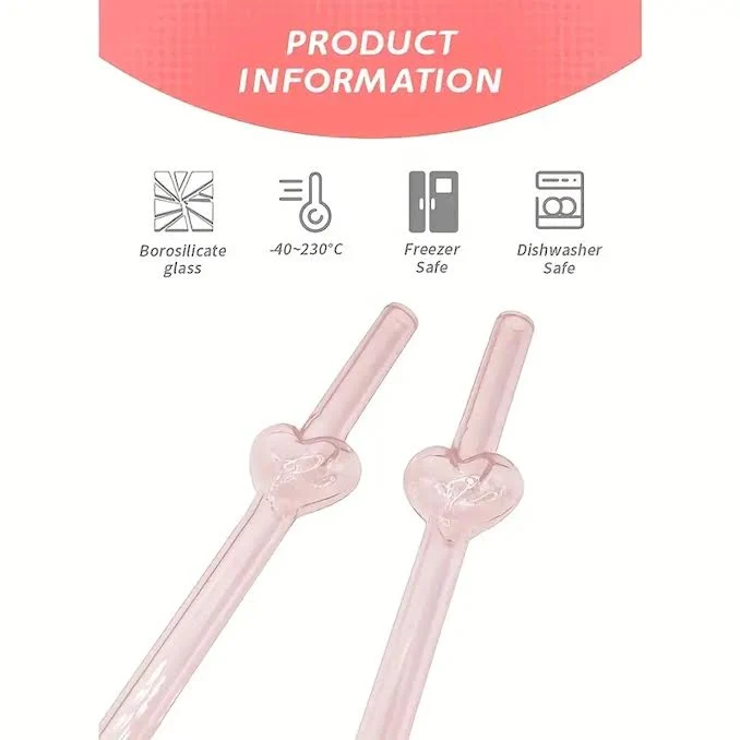 Reusable Glass Straws Heart Design Rose vif