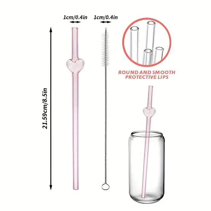 Reusable Glass Straws Heart Design Rose vif