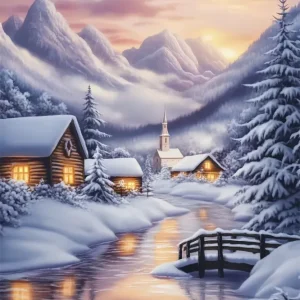 Toile de fond Hiver Village Enneigé et Montagnes au Crépuscule CSH58-224