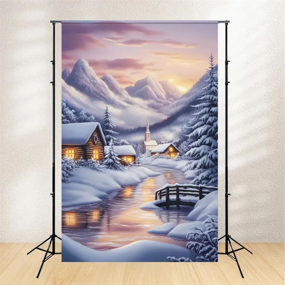 Toile de fond Hiver Village Enneigé et Montagnes au Crépuscule CSH58-224