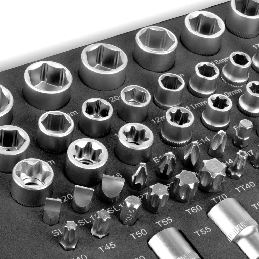 Certifié DIN/ISO Bit et clés de socket en 186 parties en acier dans un insert de voiture d'atelier | Outil CRV de haute qu...