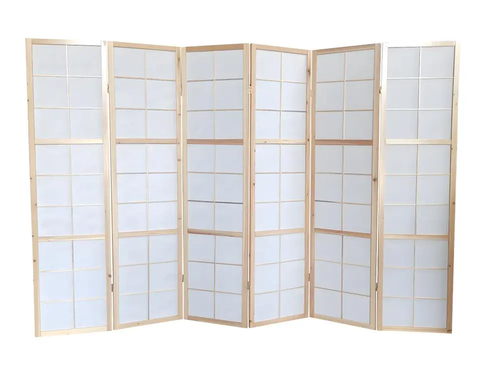 Paravent japonais bois naturel, séparateur de pièce 6 pans - Hauteur 175 cm x Longueur 264 cm