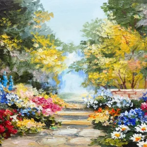 Peinture à l'huile Fleurs autour d'un sentier boisé Belle Toile de fond RR3-05