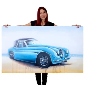 Tableau à l'huile, voiture ancienne, peint à la main à 100%, toile de décoration murale XL - 140x80cm