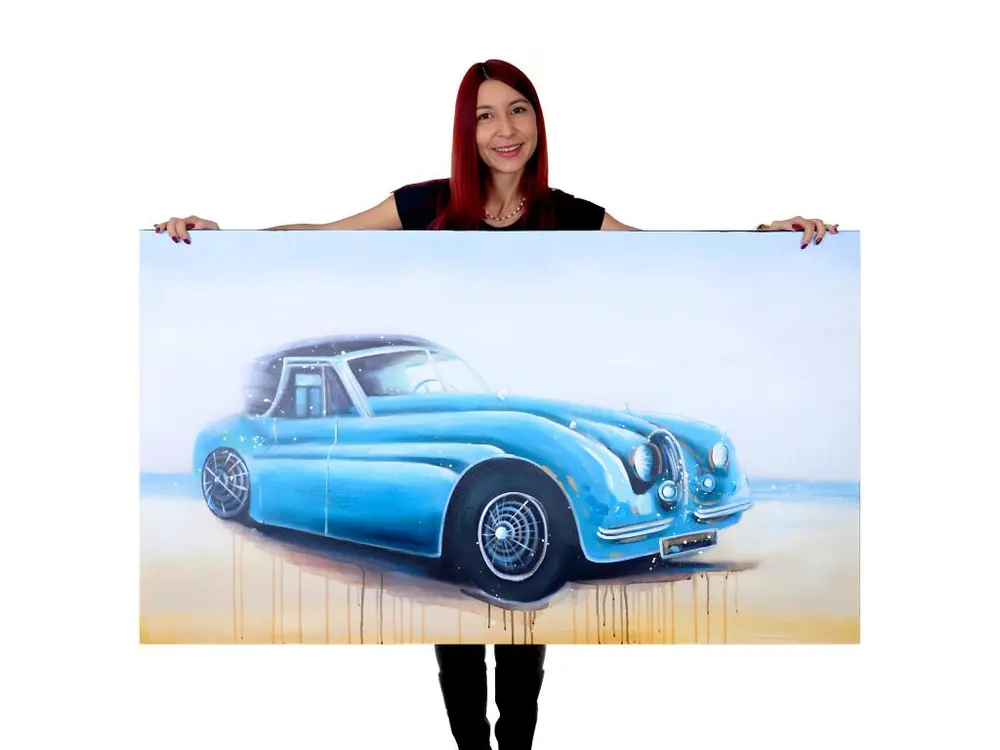 Tableau à l'huile, voiture ancienne, peint à la main à 100%, toile de décoration murale XL - 140x80cm