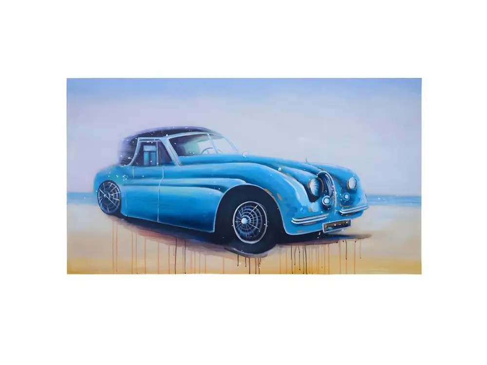 Tableau à l'huile, voiture ancienne, peint à la main à 100%, toile de décoration murale XL - 140x80cm