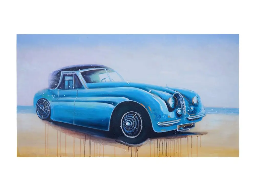 Tableau à l'huile, voiture ancienne, peint à la main à 100%, toile de décoration murale XL - 140x80cm