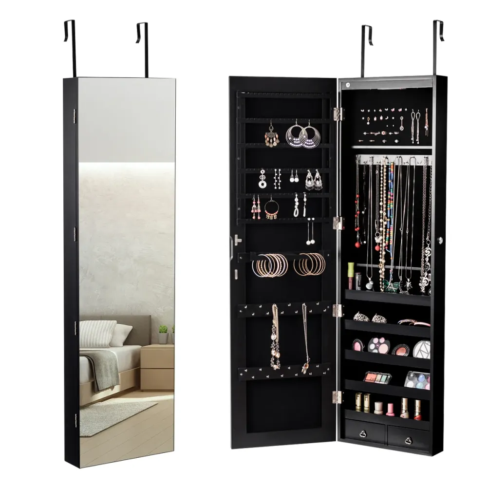 Armoire à bijoux mural 120 x 36 x 10 cm avec miroir et lumière led grande capacité design actuel en MDF noir 20_0010326