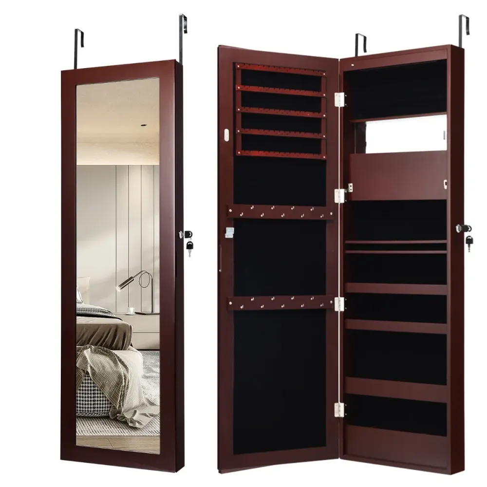 Armoire à bijoux murale 37 x 9 x 119 cm avec miroir et 12 LEDs lumineuses design récent en MDF marron 20_0010339