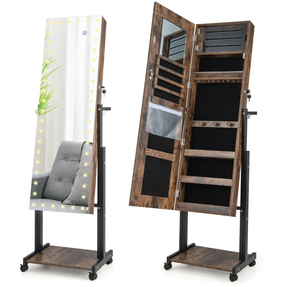 Armoire à bijoux à roulettes miroir pleine longueur lumières led hauteur angle réglables interrupteur tactile marron 20_00...
